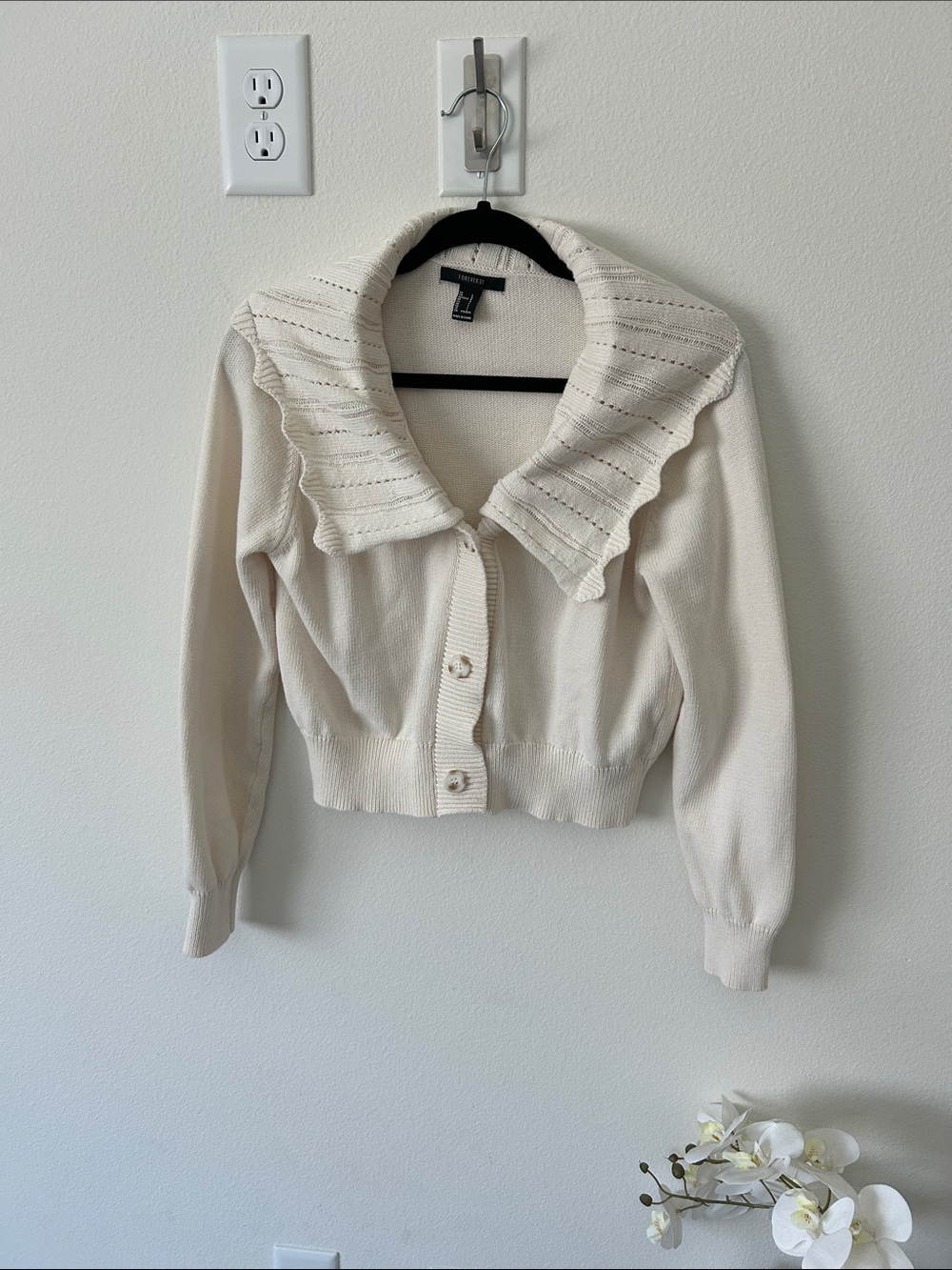 Forever 21 Cream Ruffled Collar Button-Up Cardigan